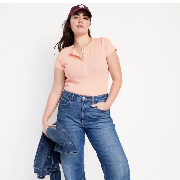 NWT OLD NAVY Short-Sleeve Waffle-Knit Henley Top  Color: Pink Bamboo - Picture 4 of 9